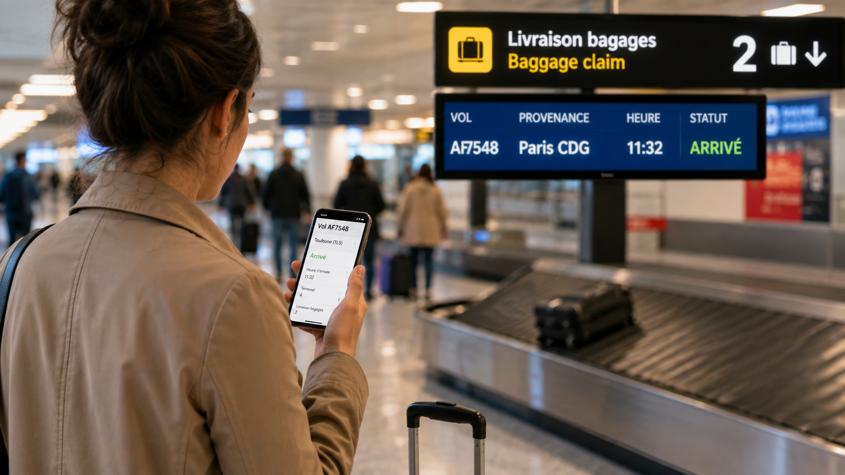 Passagère consultant les informations de son vol à l’aéroport