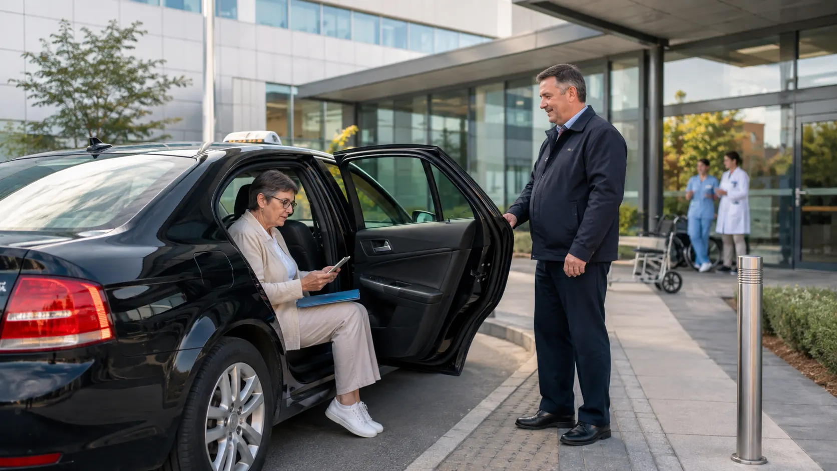 Patiente montant dans un taxi conventionné devant un établissement de santé